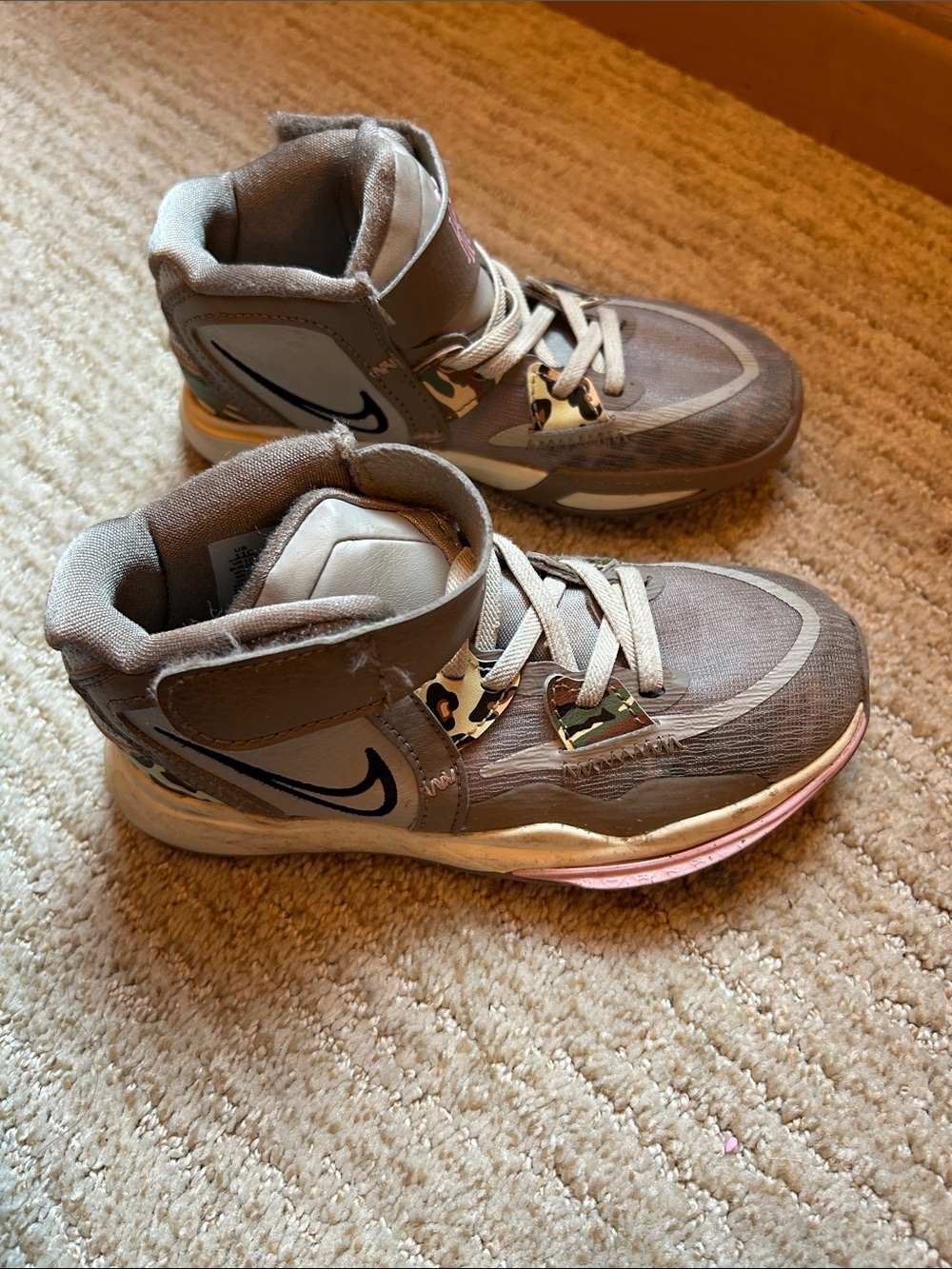 Nike Kids High-Top Sneakers in Taupe with Pink and Black Accents